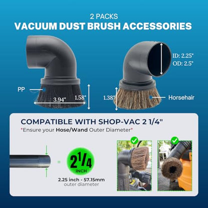 2PACK Horse Hair & Plastic Bristles Brushes for Shop Vac 2-1/2'' - Vacuum Accessories for Shop Vac 2-1/4'' Compatible with Rigid Shop-Vac VacMaster Craftman, Vacuum Attachments for Car Detailing - style: Horsehair + PP