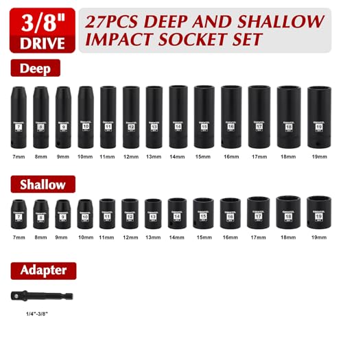 EMENTOL 3/8" Drive Impact Socket Set, 27PCS, Metric(7mm to 19mm), Deep and Shallow, 12 Point, Includes Drill Bit Adapter - size: 3/8" Drive (7mm-19mm),12 Point