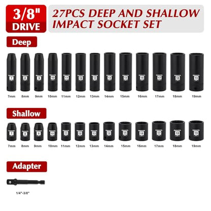 EMENTOL 3/8" Drive Impact Socket Set, 27PCS, Metric(7mm to 19mm), Deep and Shallow, 12 Point, Includes Drill Bit Adapter - size: 3/8" Drive (7mm-19mm),12 Point