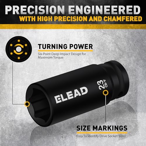 ELEAD 1/2" Drive Deep Impact Socket Set: 30-Piece Standard SAE (3/8 to 1 Inch) and Metric (10-24mm) Size, 3" and 5" Drive Extension Bar, Ratchet Handle, Bit Adapter, CR-V Steel for Auto Repair - style: 30pcs 1/2'' Drive Impact Socket Set