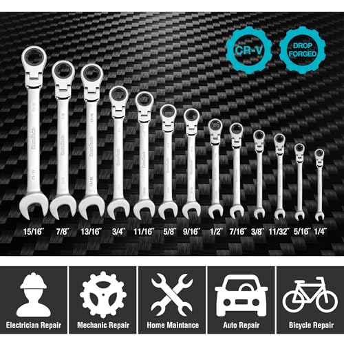 DURATECH Flex-Head Ratcheting Combination Wrench Set, SAE, 13-piece, 5/16'' to 1/4'', CR-V Steel, with Rolling Pouch | 5/16" to 1/4", CR-V Steel, Rolling Pouch - style: 13-Piece Set