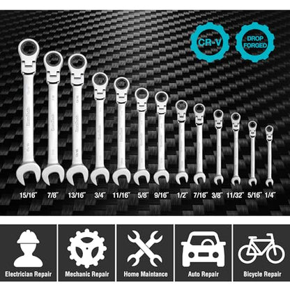 DURATECH Flex-Head Ratcheting Combination Wrench Set, SAE, 13-piece, 5/16'' to 1/4'', CR-V Steel, with Rolling Pouch | 5/16" to 1/4", CR-V Steel, Rolling Pouch - style: 13-Piece Set