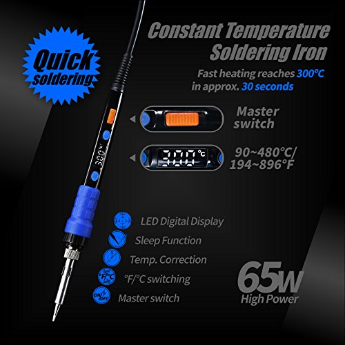 YIHUA 928D Soldering Iron Kit, 65W Soldering Iron, Fully Digital, Display °F/°C, Temperature Control, Accuracy 194~896℉- Soldering Kit with Sleep Function, Temp. Correction Function, Holder &more. - style: Digital Iron Kit