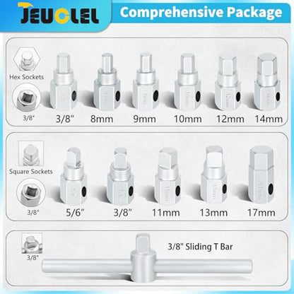 12PCS 3/8" Drive Oil Drain Sump Plug Key Set, Drain Plug Socket Kit | Hex, Square Triangle, Torx, Spline, Sliding Bar, Gearbox, Engine Repair, Mechanic tool, Oil Sump, Differential, Back Axle