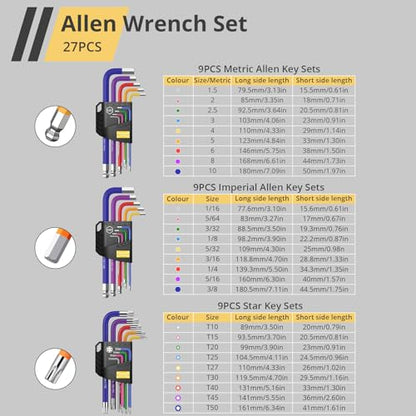 AMTOVL Hex Keys Set - Allen Key Set & Torx Key Set, Metric/Imperial | 27PCS Allen Wrench Set Long Arm Ball Head Design with T-Handle Color Coding 1.5-10mm, T10-T50, 1/16-3/8 - style: 007 - 27PCS Allen wrenches sets