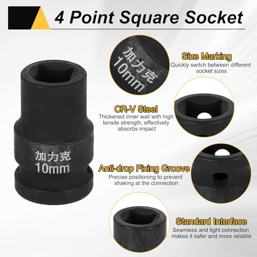 HARFINGTON 3pcs 4 Point Square Socket 1/2" Drive 10mm Metric Square Impact Socket CR-V Blackening Standard Wheel Sleeve Pneumatic Sleeve Tool for Auto Repair Mechanical Maintenance Home Use - size: 10mm