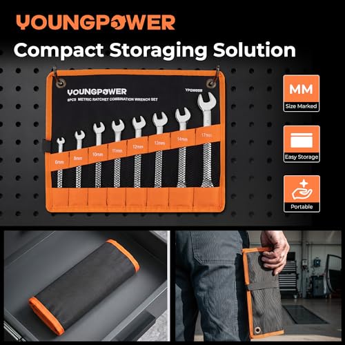 8-Piece Metric Ratcheting Combination Wrench Set, 72-Tooth, CR-V Steel | Mirror Polished, 12-Point Design, Rolling Pouch Included, Ideal for Modern Vehicle, Furniture and General Mechanical Repairs - size: 6mm-17mm
