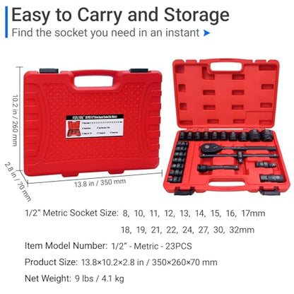 1/2" Drive Impact Socket Set,6-Point Metric Socket Set (8-32mm),23PCS Cr-Mo Material High Durability Deep Socket Set with Ratchet Wrench,Sliding T Bar,Universal Joint,Extension Bar and Storage Case. - style: 1/2" 23PCS Metric Cr-Mo