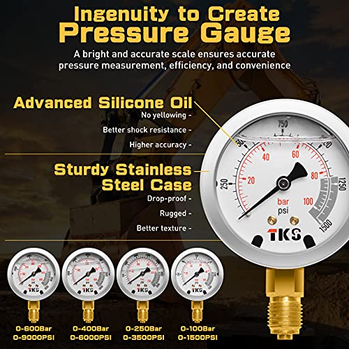 Hydraulic Pressure Gauge Test Set for Excavator, Pressure Tester Coupling Kit with 4 Gauges (1500PSI, 3500PSI, 6000PSI, 9000PSI) - size: 17PCS: 4 Gauges