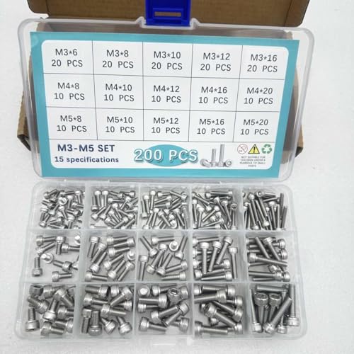 Button Head/Hex Socket/Phillips Flat Head Screws Assortment - Furniture, Auto, Home Repair Fastener Kit (200PCS M3-M5 Hexagon Screws Set) - color: 200PCS M3-M5 Hexagon Screws Set