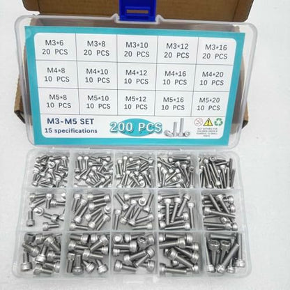 Button Head/Hex Socket/Phillips Flat Head Screws Assortment - Furniture, Auto, Home Repair Fastener Kit (200PCS M3-M5 Hexagon Screws Set) - color: 200PCS M3-M5 Hexagon Screws Set
