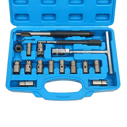 8milelake 17Pcs Diesel Injector Seat Cutter Cleaner Universal Injector Re-Face Reamer Tool Set
