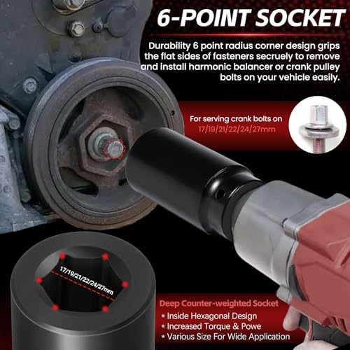 1/2" Drive Weighted Crank Bolt Socket Set, 17MM, 19MM, 21MM, 22MM, 24MM 27MM, Harmonic Balancer Socket Set, Weighted Deep Impact Socket Set, 3 Times Momentum Power of Standard Impact Socket