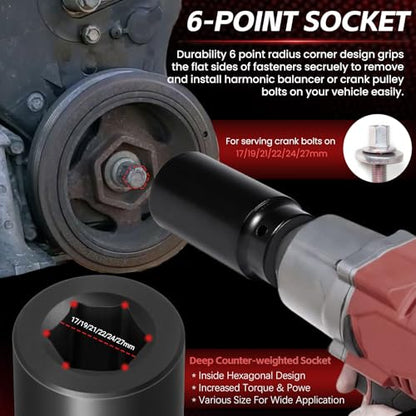 1/2" Drive Weighted Crank Bolt Socket Set, 17MM, 19MM, 21MM, 22MM, 24MM 27MM, Harmonic Balancer Socket Set, Weighted Deep Impact Socket Set, 3 Times Momentum Power of Standard Impact Socket