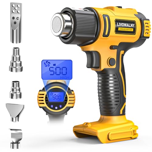 LIVOWALNY Cordless Heat Gun Compatible with Dewalt 20v Battery (Tool Only), 350W 122℉-1022℉ Fast Heating Soldering Hot Air Gun with LCD Digital Display for Shrink Tubing, PVC Wrap, Craft, Epoxy Resin - color: Yellow -De, size: HeatPro LCD 550