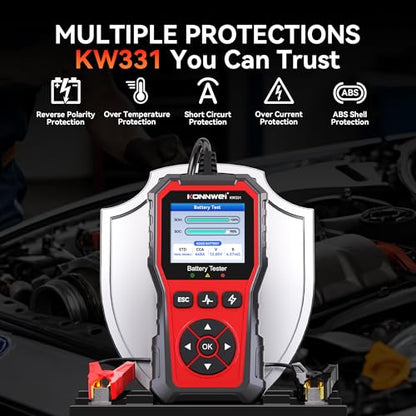 KONNWEI KW331 Car Battery Tester 6V/12V/24V with Cloud Report 10-2000CCA Lead-Acid, AGM, Lithium Battery Tester Automotive Alternator Tester Cranking Charging System for Car Truck Motorcycle Boat