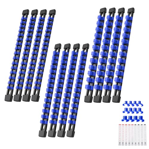 Reniteco 12-Pack Socket Organizer Set, 1/4" x 64 3/8" x 60 1/2" x 48 Clips | 172 Clip Capacity, Havy-Duty ABS Socket Rails, Removable Clips, Drive Socket Storage, Toolbox Drawer or Wall Mount - color: Blue, size: 12 Pcs