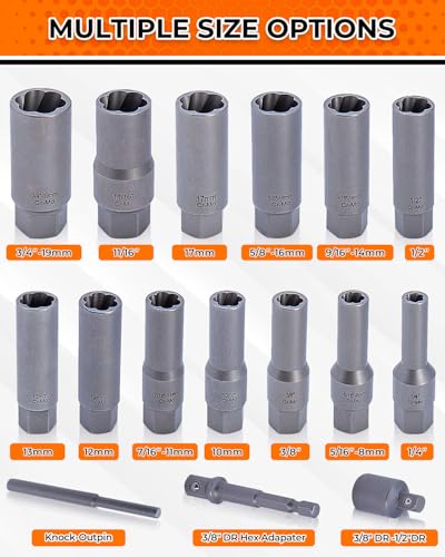 16 PCS Impact Bolt & Nut Remover Set, Deep Bolt Extractor Set | Extraction Socket Set for Removing Spark Plug, Damaged Rounded-Off Bolts, Nuts, Studs, Threaded Tubes