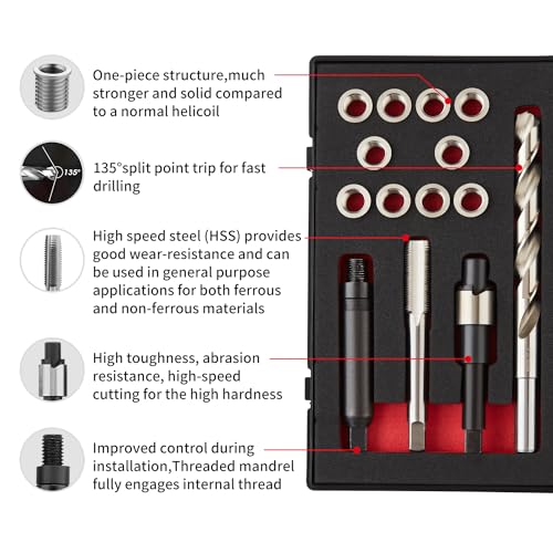 M10X1.0X12.7MM Thread Repair Kit with Insert HSS Drill, Tap, Counterbore, Installation Driver, Metric, 10PCS Stainless Steel Insert M10X1.0X12.7MM - size: M10X1.0X12.7MM Thread Repair Kit