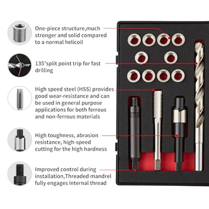 M10X1.0X12.7MM Thread Repair Kit with Insert HSS Drill, Tap, Counterbore, Installation Driver, Metric, 10PCS Stainless Steel Insert M10X1.0X12.7MM - size: M10X1.0X12.7MM Thread Repair Kit