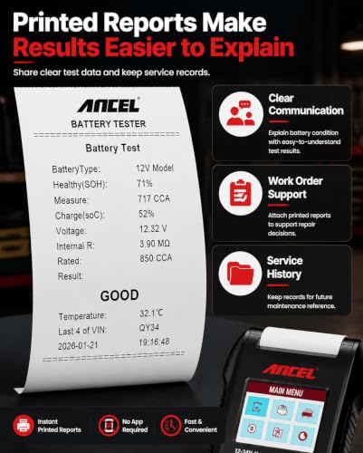 ANCEL BST600 12V 24V Battery Tester with Printer, 100-2000 CCA Lead-Acid Battery Load Tester, Automotive Starter Alternator Cranking Charging System Analyzer for Cars Trucks RV Marine Motorcycles - style: BST600