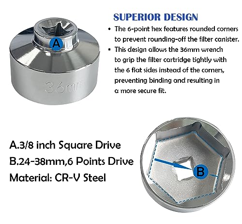 7 Pcs Oil Filter Wrench Socket Set, 3/8 inch Drive Low Profile Oil Canister Socket Set, Universal Oil Filter Cap Socket Remover Tool 24-38mm