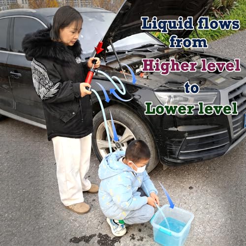 Hand Fuel Pump, Manual Liquid Siphon Pump, Multi-Use Fluid Transfer, Oil, Gasoline, Water, For RV Winterizing, Car Maintenance, Garage, Farm, Mechanic, Includes 2 Hoses, 2 Adapters, 3 Clamps (H-Pump)
