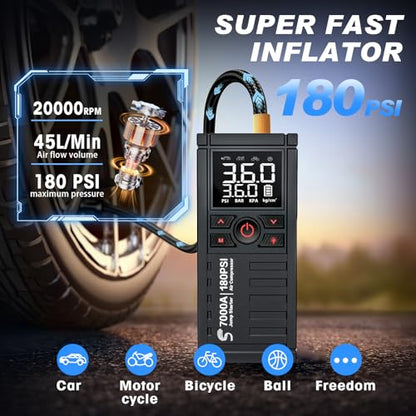 Jump Starter with Air Compressor, 7000A 180PSI Car Battery Jump Starter Jump Box (All Gas/10.0L Diesel), Battery Jumper Starter Portable Jumper Cables, Large LCD Display, LED Light Black