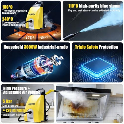 Multi-Purpose Steam Cleaner - 3000W High-Pressure Continuous Steam Washer for Home, Car, Hotel & AC Cleaning | Floor Steam Cleaner for Home Appliances & Auto Detailing Yellow - color: Yellow