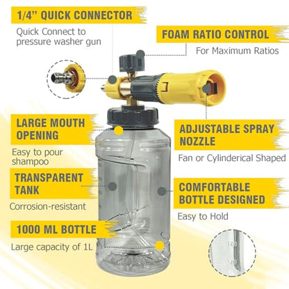 ESP Foam Cannon for Pressure Washer, Snow Foam Gun Car Wash, 1.25mm Nozzle, Adjustable Foam, Transparent Graduated Bottle, Stainless Steel Quick Connect, Fits 120-280 Bar - color: Yellow