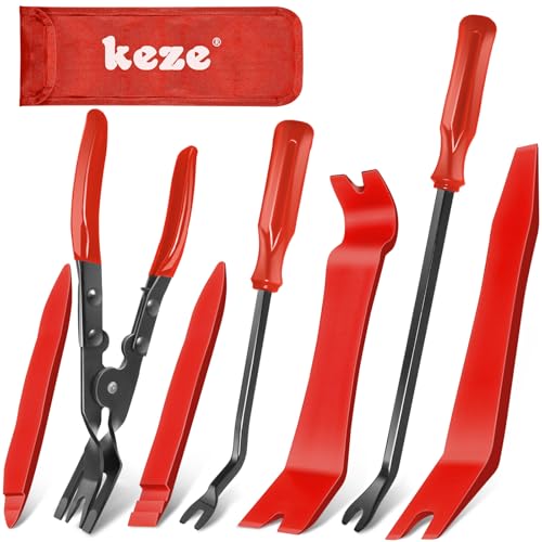Keze 7 Pcs Auto Trim Removal Tool Kit for Car Panel Dashboard Door Clips and Upholstery with Plastic Pry Tool & Clip Pliers – No Scratch Design Professional Automotive Repair Tools Set, Red - color: Red-Auto Trim Removal Pry Tool