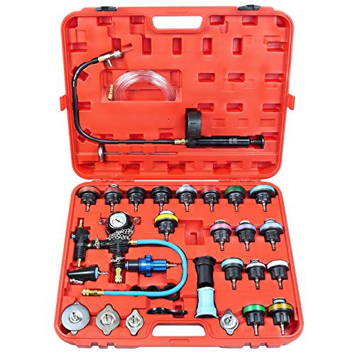 YSTOOL Radiator Pressure Tester Coolant Vacuum Refill Kit 33PCS Automotive Cooling System Leak Test Pneumatic Water Tank Purge Fill Tool Set with Gauge Adapter Cap Universal for Auto Car Airlift