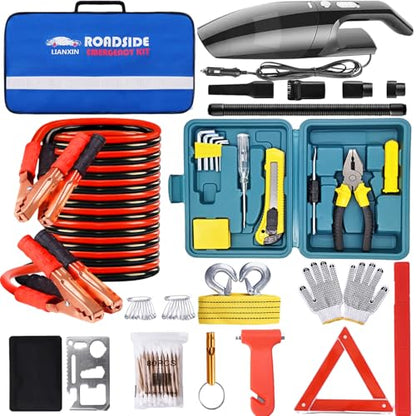 Emergency Roadside Kit with Jumper Cables Kit for Car, Safety Car Kits | Car Emergency Kit High Power Handheld Vacuum, Warning Triangle, Safety Hammer, Tow Rope, Gifts for New Drivers - color: White