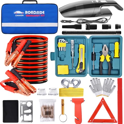 Emergency Roadside Kit with Jumper Cables Kit for Car, Safety Car Kits | Car Emergency Kit High Power Handheld Vacuum, Warning Triangle, Safety Hammer, Tow Rope, Gifts for New Drivers - color: White