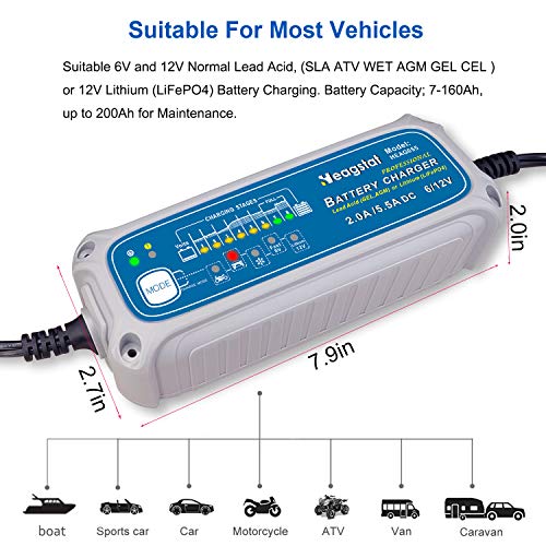 Heagstat 8-Stage Automatic Battery Charger & Maintainer,6V 5.5A Fast /12V 2A Trickle &5.5A Fast with Winter Mode for Car Motorcycle ATV Lawn Mower