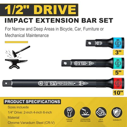 3 Pcs 1/2" Drive Impact Extension Bar Set, 3" 5" 10" Length Socket Extension, CR-V Steel, Narrow and Deep Areas in Bicycle, Automotive Repair or Industrial Operations - size: 1/2" 3-Inch 5-Inch 10-Inch