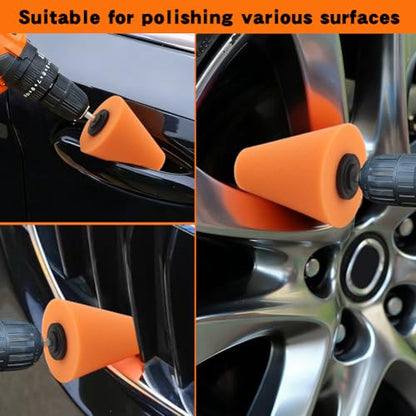 5PCS Drill Polishing Cone Set, Car Wheel Polisher Sponge Pad Kit with Long Extension Pole & Cleaning Brush, Buffing Cone for 1/4" Hex Drill, Car Rim and Metal Surface Polishing Tool