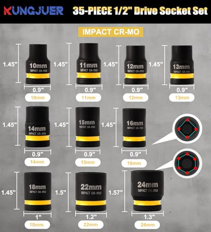 35-Piece Socket Bit Set, 1/2" Drive Nut Socket Set, Metric17、19、21 | 6 spline lug nut socket - size: 35PCS-Socket Bit Set
