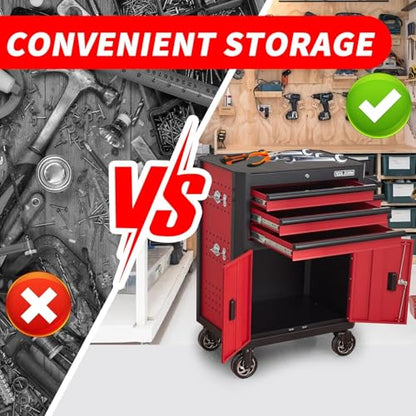 Rolling Tool Chest with Locking Wheels - Tool Box with 3 Drawers & 1 Big Tool Cabinet with 2 Door, 18.5" D x 28" W x 40" H Mobile Tool Storage Cabinet, Heavy-Duty Garage Organizer w/Ergonomic Handle - color: Red and Black
