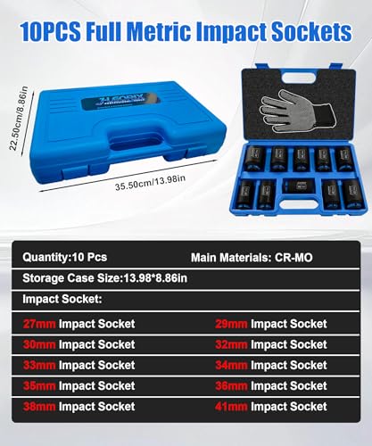 1/2" Drive Axle Nut Socket Set, 10PCS Metric Sockets 27-41mm | Heat Treated CR-MO, Deep Well Design, High Torque Impact Use, Truck Axles, Trailer Hubs, Wheel Bearing Service
