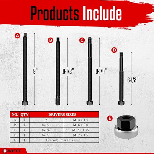 WETT Harmonic Balancer Installer Tool Set, 5-Piece Long Reach Crank Pulley Underdrive Damper Puller Installation Tool Kit, 4 threaded rods and 1 Bearing Press Hex Nut