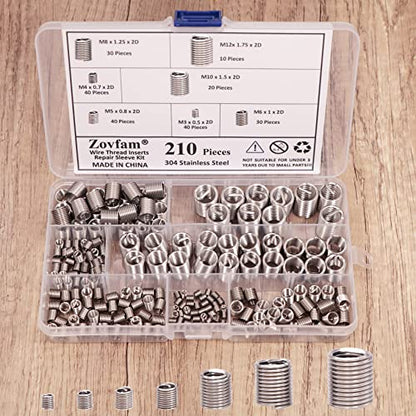 Wire Screw Sleeve Thread Repair Inserts Assortment Kit 304 Stainless Steel Metric M3 M4 M5 M6 M8 M10 M12 Wire Thread Inserts Helical Thread Repair Kit 210Pcs