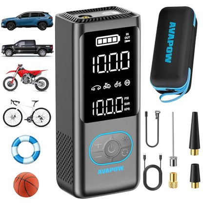 AVAPOW Portable Tire Inflator, 150 PSI Cordless Air Compressor with Digital Gauge, 3.7″ LCD, Auto Shut-Off, Fast Inflation, USB-C Rechargeable PD 20W for Cars, Bikes, Motorcycle & Emergencies | Digital Gauge, 3.7" LCD, Auto Shut-Off, Fast Inflation, USB-C