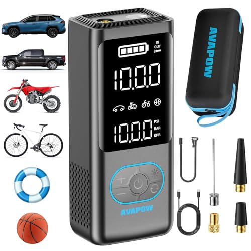 AVAPOW Portable Tire Inflator, 150 PSI Cordless Air Compressor with Digital Gauge, 3.7″ LCD, Auto Shut-Off, Fast Inflation, USB-C Rechargeable PD 20W for Cars, Bikes, Motorcycle & Emergencies | Digital Gauge, 3.7" LCD, Auto Shut-Off, Fast Inflation, USB-C