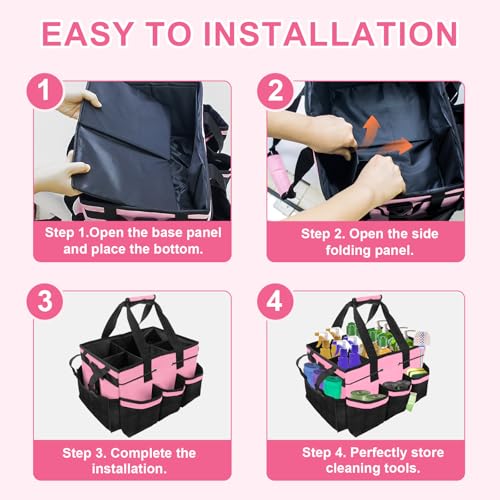 Large Cleaning Caddy Bag – Cleaning Supply Organizer Tote Bag with Handle & Adjustable Shoulder Strap for Housekeeping,Car Detailing,Portable Cleaning Caddy for Cleaning Supplies(Pink)