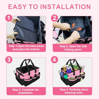 Large Cleaning Caddy Bag – Cleaning Supply Organizer Tote Bag with Handle & Adjustable Shoulder Strap for Housekeeping,Car Detailing,Portable Cleaning Caddy for Cleaning Supplies(Pink)