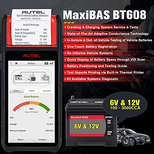 Autel MaxiBAS BT608 (E) Car Battery Tester (Free Update), 2026 Up BT508 BT506, 6V 12V (100-3000 CCA) Digital Auto Battery Analyzer Charging Cranking System Test, Adaptive Conductance, Built-in Printer