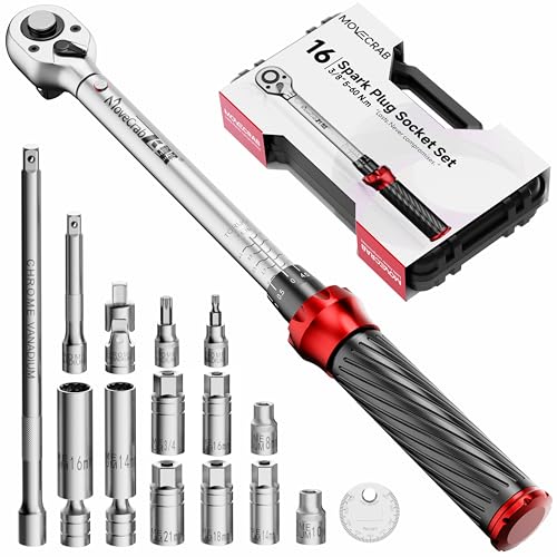 16pcs 3/8" Click Torque Wrench Spark Plug Socket Set, 5-45 Ft.lb | Mechanical Torque Wrench with Magnetic Swivel Spark Plug Sockets, Extension Bars & Gap Gauge for Auto & Motorcycle Repair - size: 16pcs spark plug torque wrench