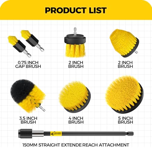 Holikme 8Piece Drill Brush Attachment Set - Power Scrubber Cleaning Kit | Nylon Fibers, Power Scrubber Attachments for Tile, Shower, Floors, Kitchen and Auto Interior Care, Cleaning Tools, Yellow - color: Yellow