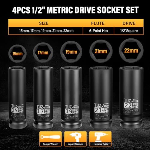 5 Pieces 1/2 inch Drive Deep Impact Socket Set, Metric,15mm 17mm 19mm 21mm 22mm,Cr-Mo,6-Point,Spindle Axle Nut Impact Socket | Cr-Mo, Radius Corner Design, Spindle Axle Nut Impact Socket, 6-Point